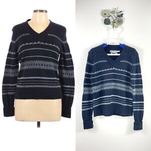 Tommy Hilfiger V Neck Thick Sweater Dark Blue White Patterned Stripe Size Large